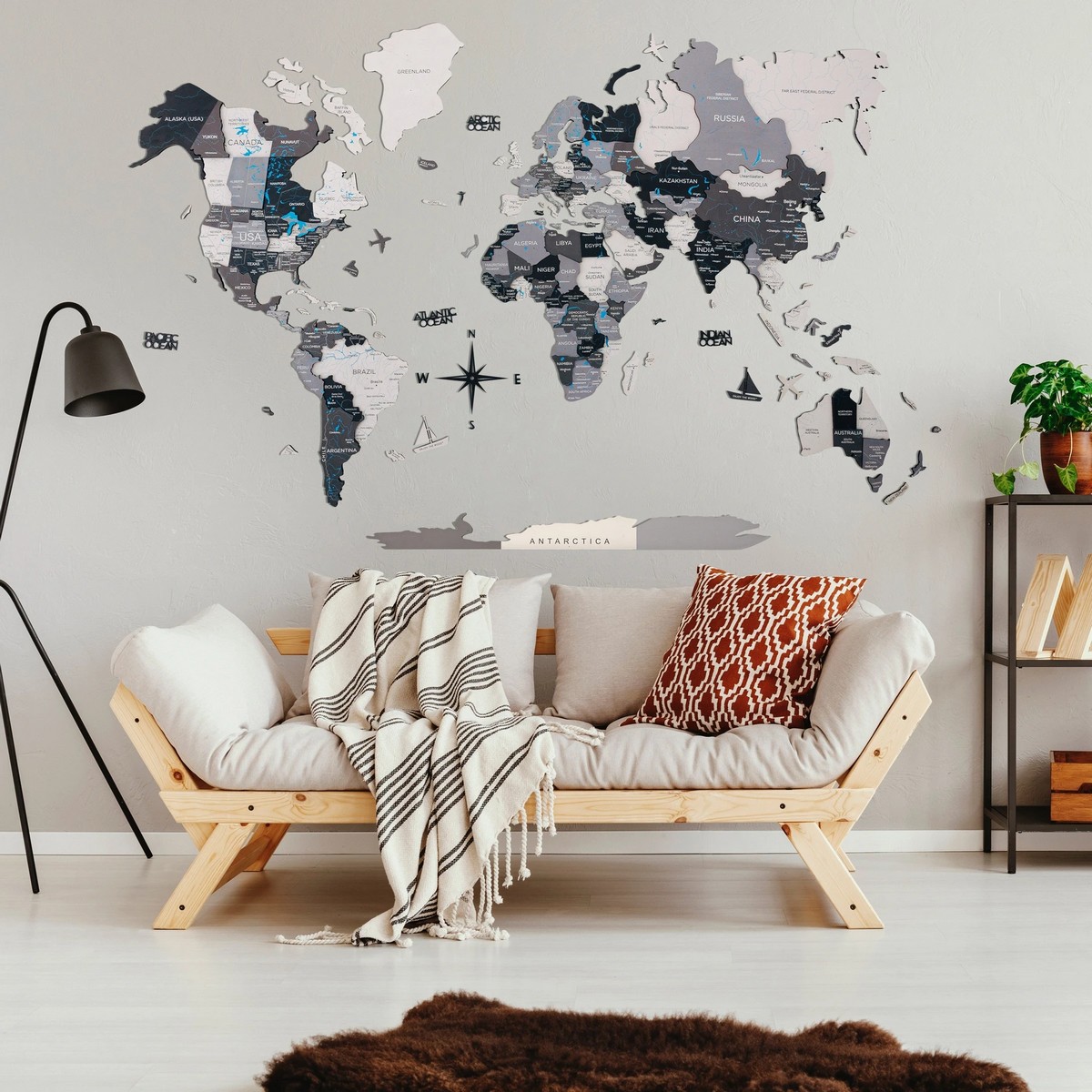hand colored 3D map of the world on the wall
