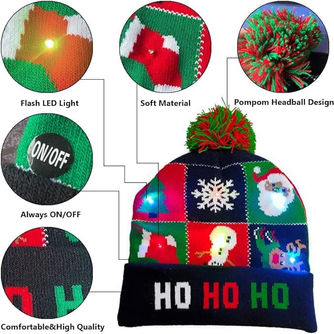 winter hats for the christmas with a pom-pom and glowing LEDs