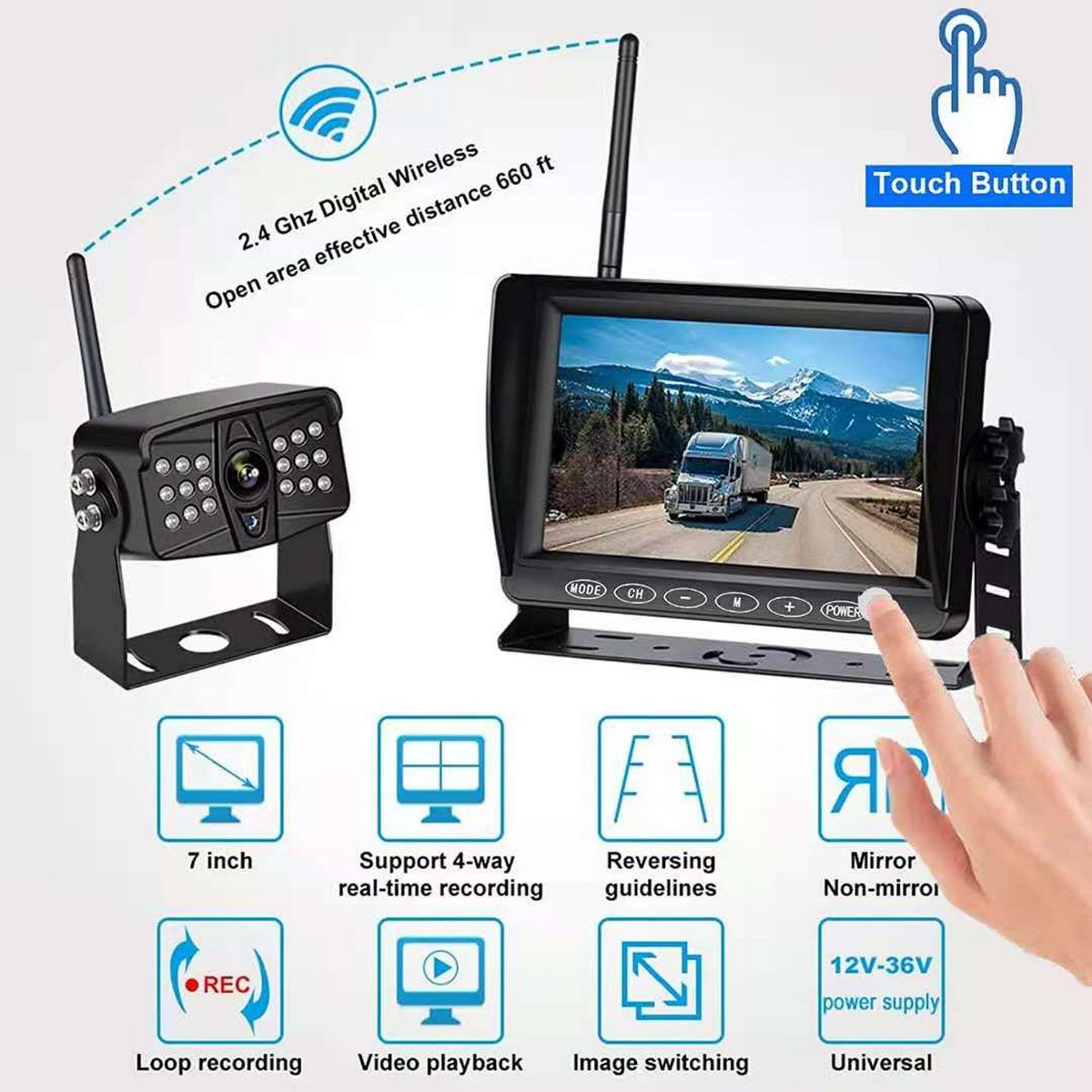 wireless reversing camera system with monitor set for vans and trucks