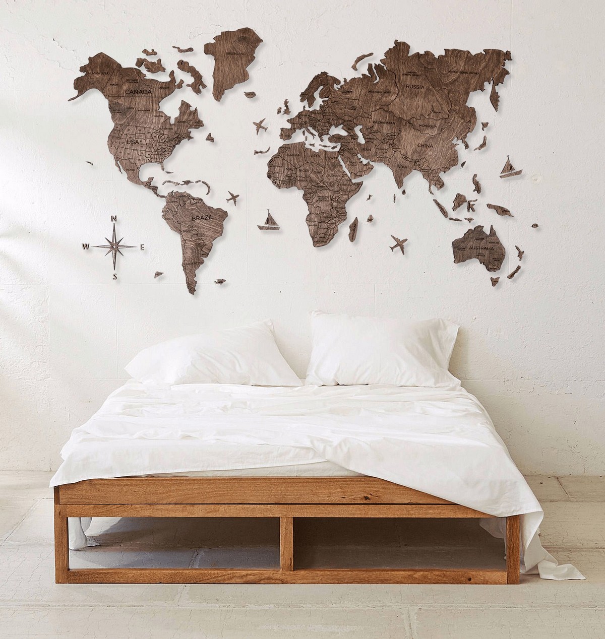 wooden world map on the wall
