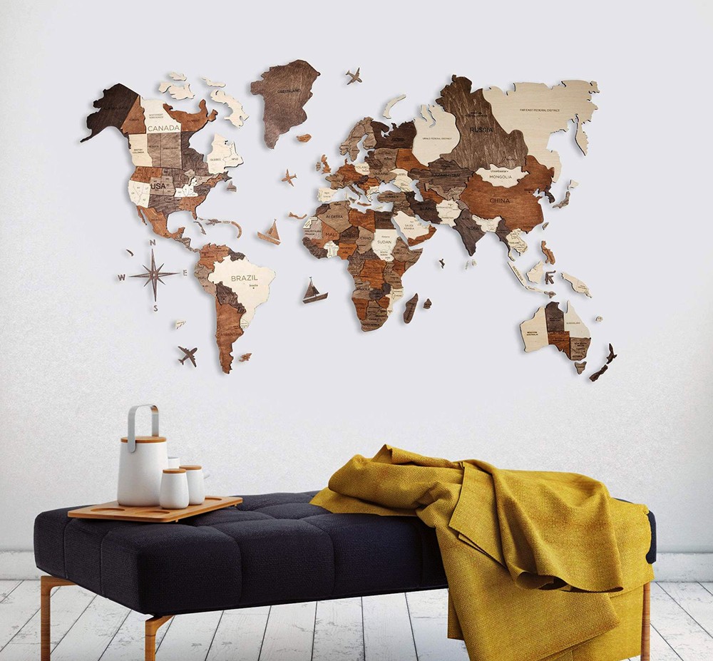 3D paintings on the wall wooden world map