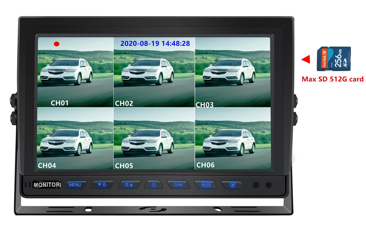 10-inch rear monitor with SD card recording 8 cameras support