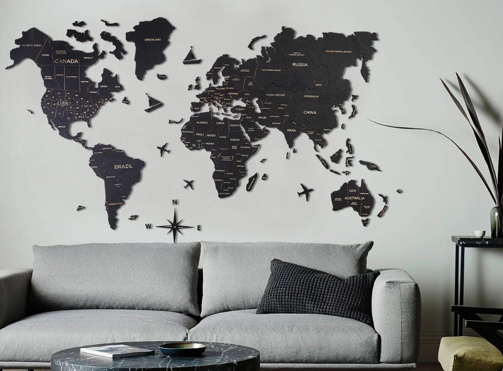 world travel map on the wall color black