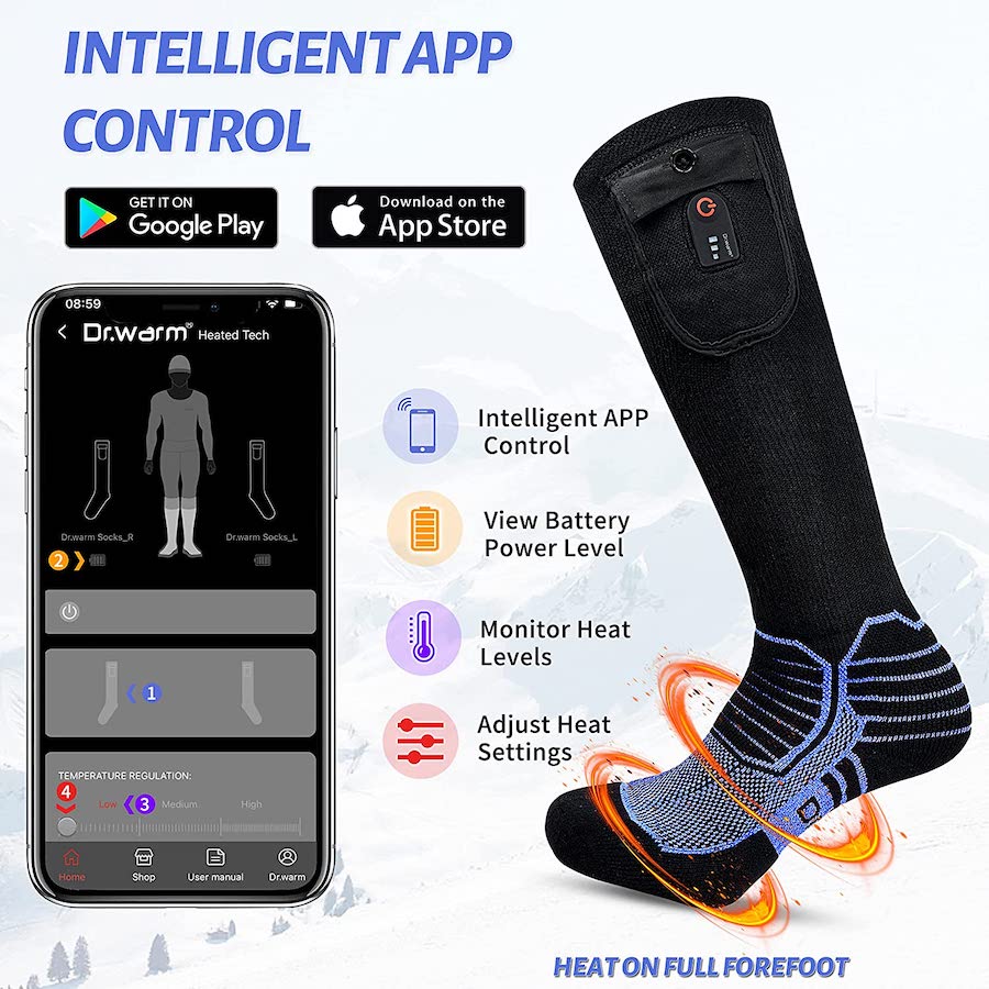 Electric socks heated - controll via mobile smartphone app