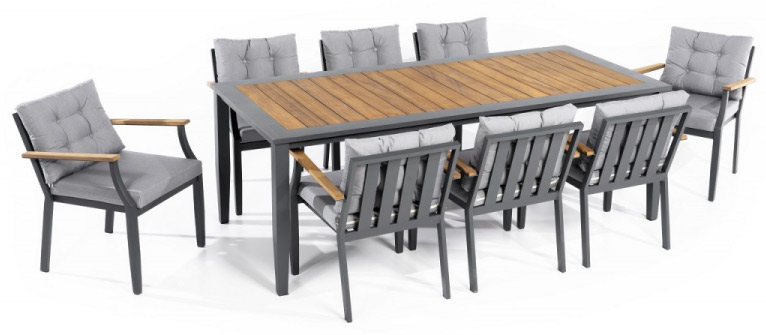 Garden seating tables and chairs made of aluminum and wood