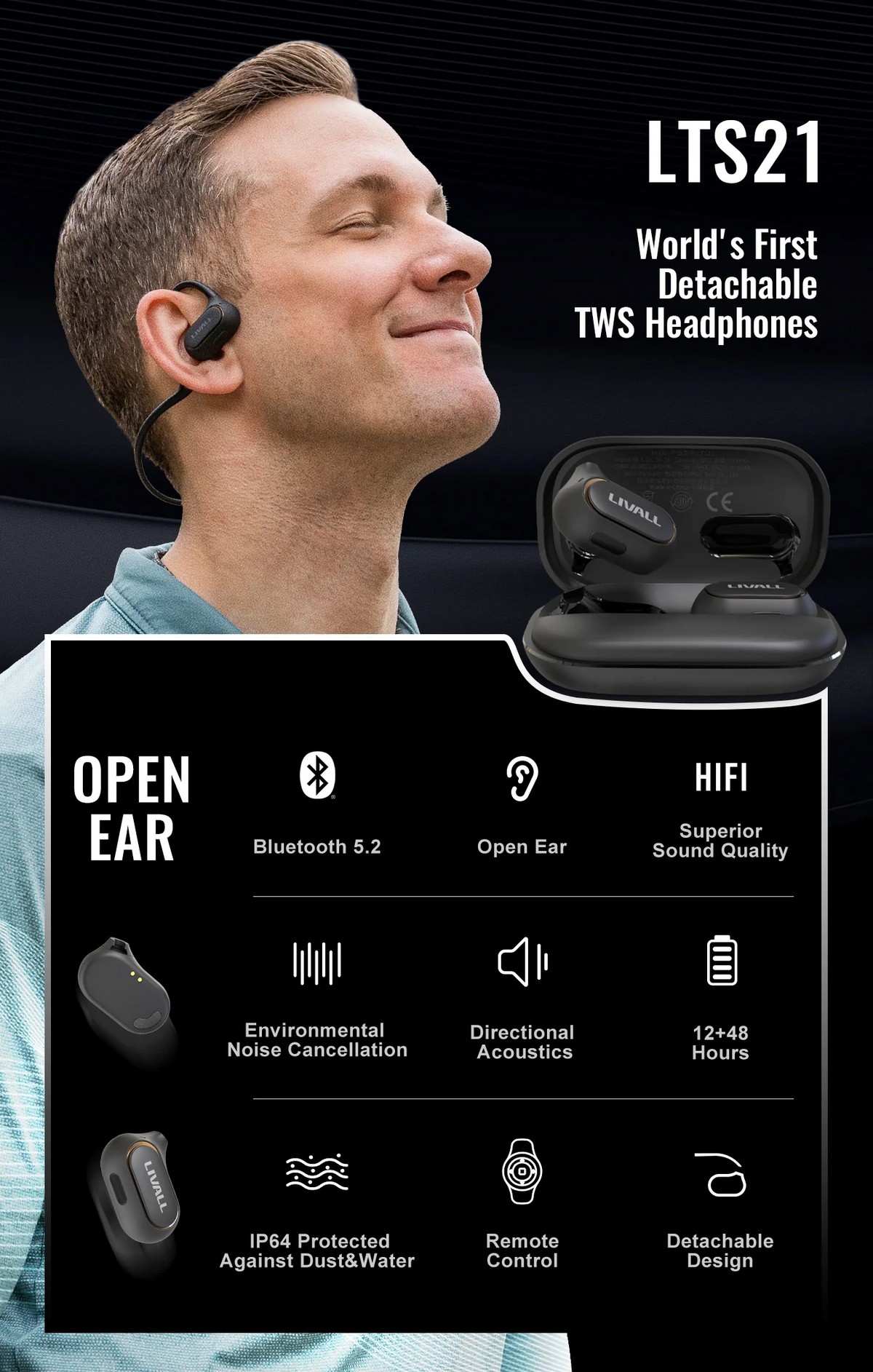 Sports wireless headphones with bluetooth - detachable open-ear design