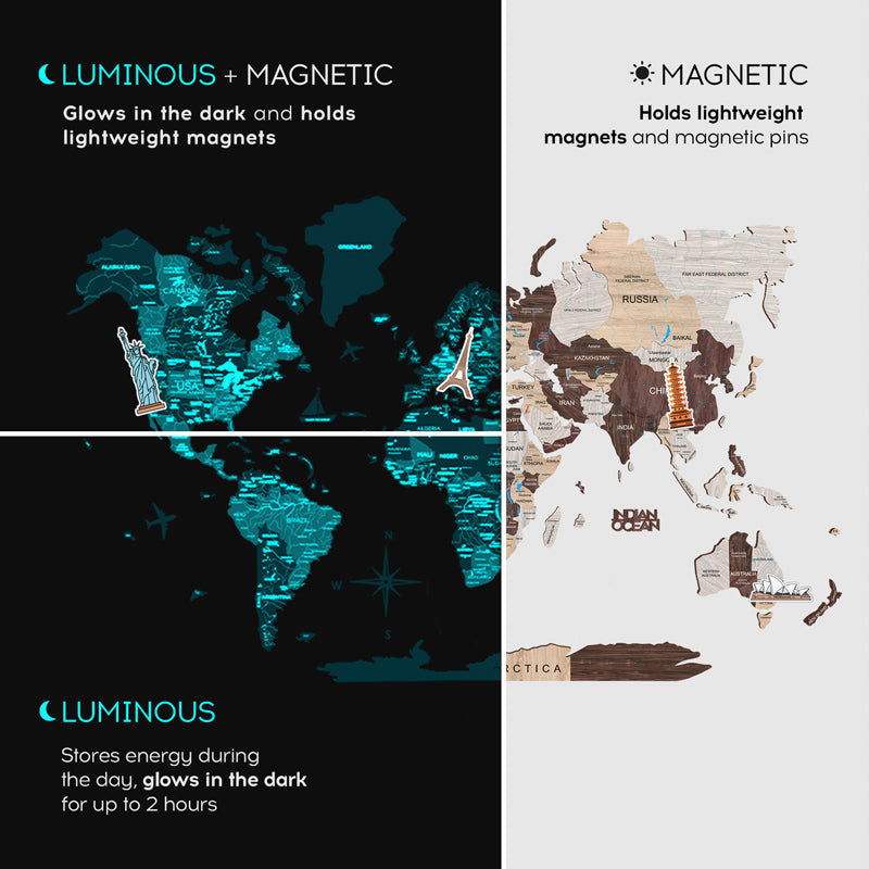 Fluorescent map wooden magnetic 3d
