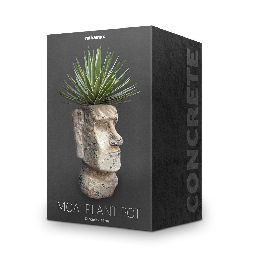 A flower pot in the shape of a moai head made of stone concrete