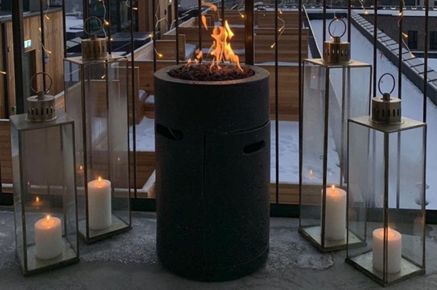 round gas fireplace outdoor terrace