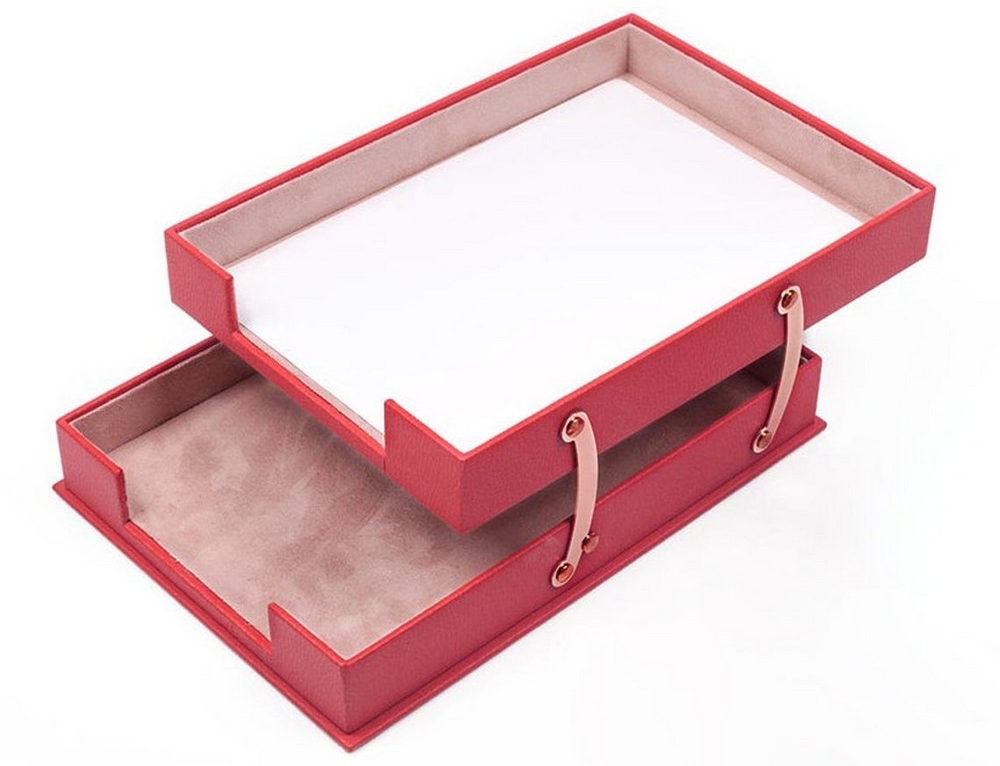 red leather document tray