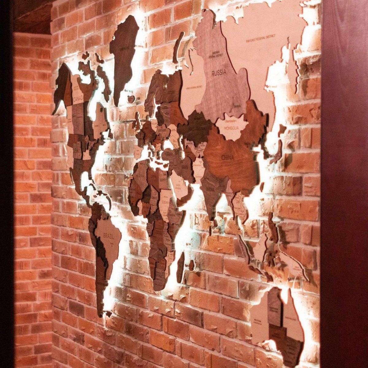 wooden world map wall art with led light