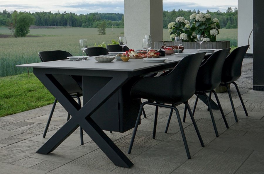 outdoor table with built-in gas fireplace