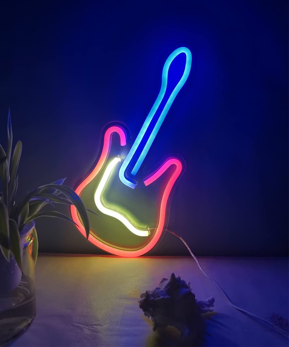 glowing guitar on wall - led neon