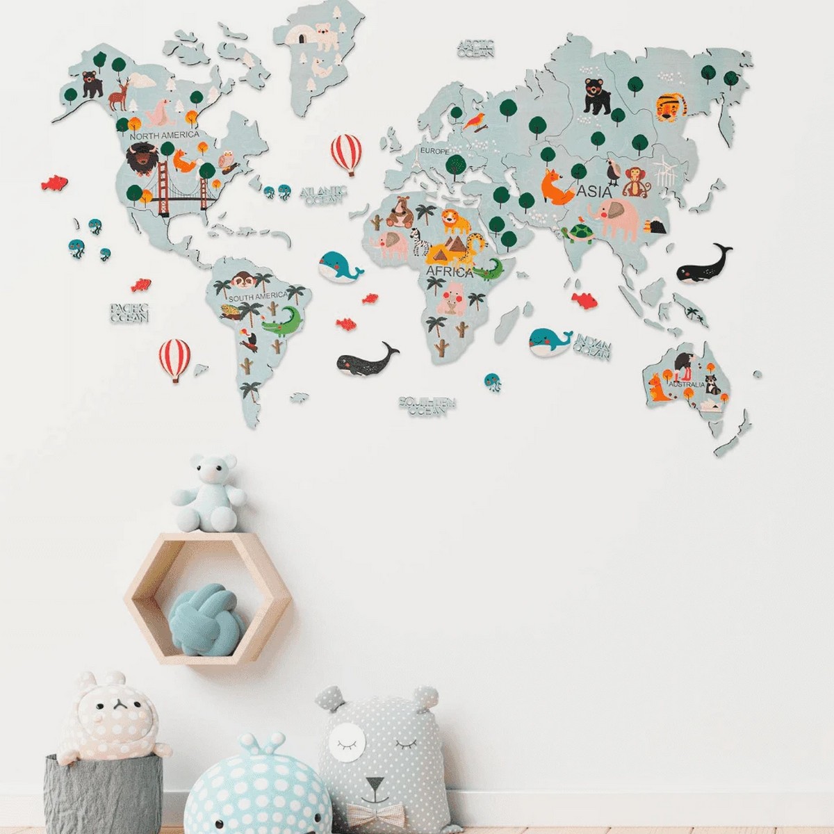 wooden map on the wall 2D continents
