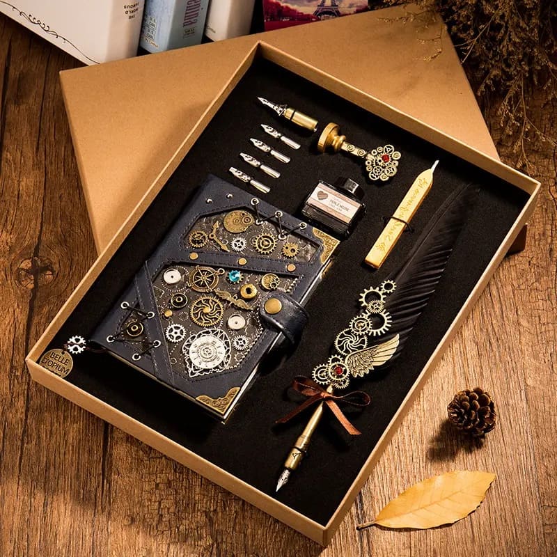 Steampunk notebook + feather pen dip - exclusive luxury gift pen set