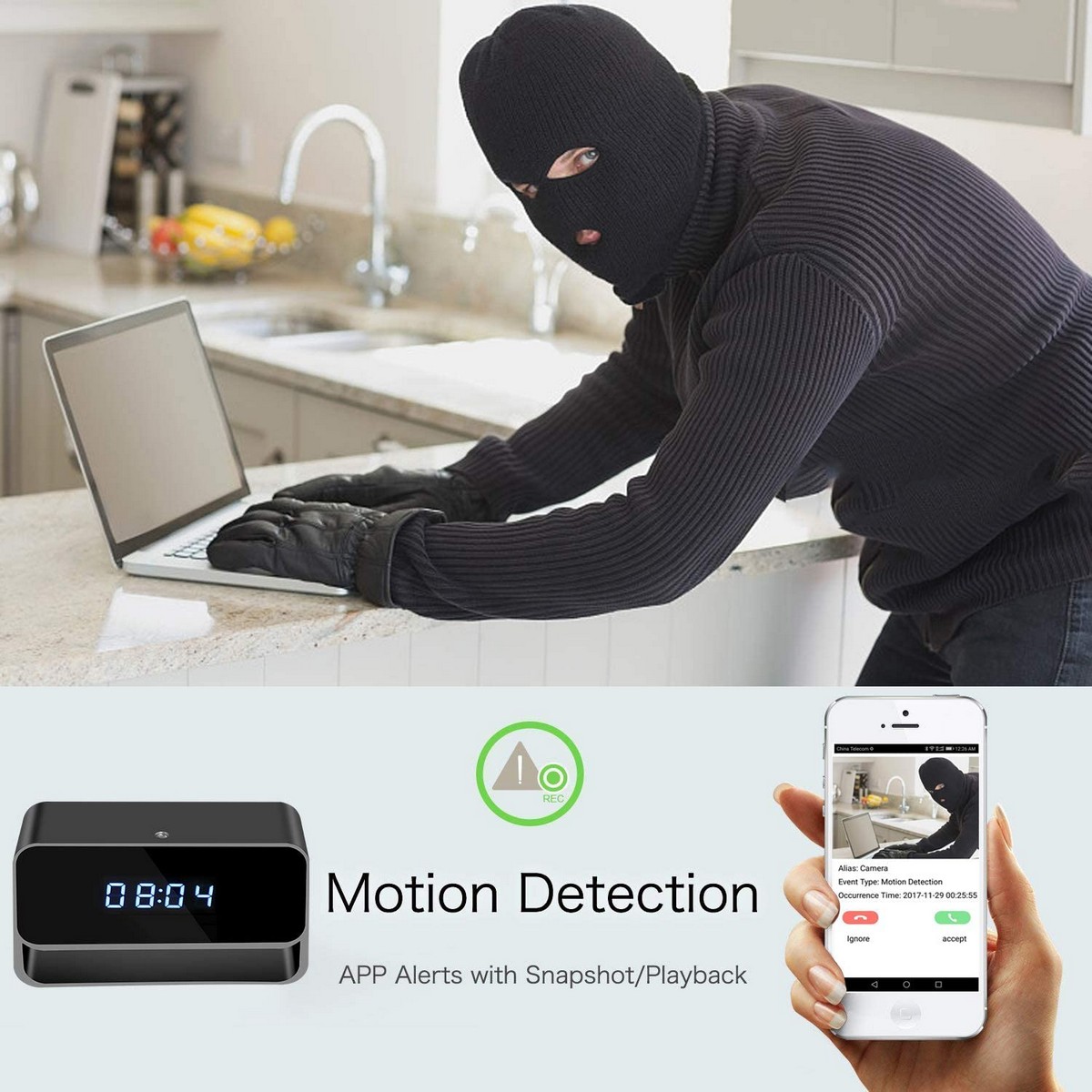 camera with motion detection alarm clock