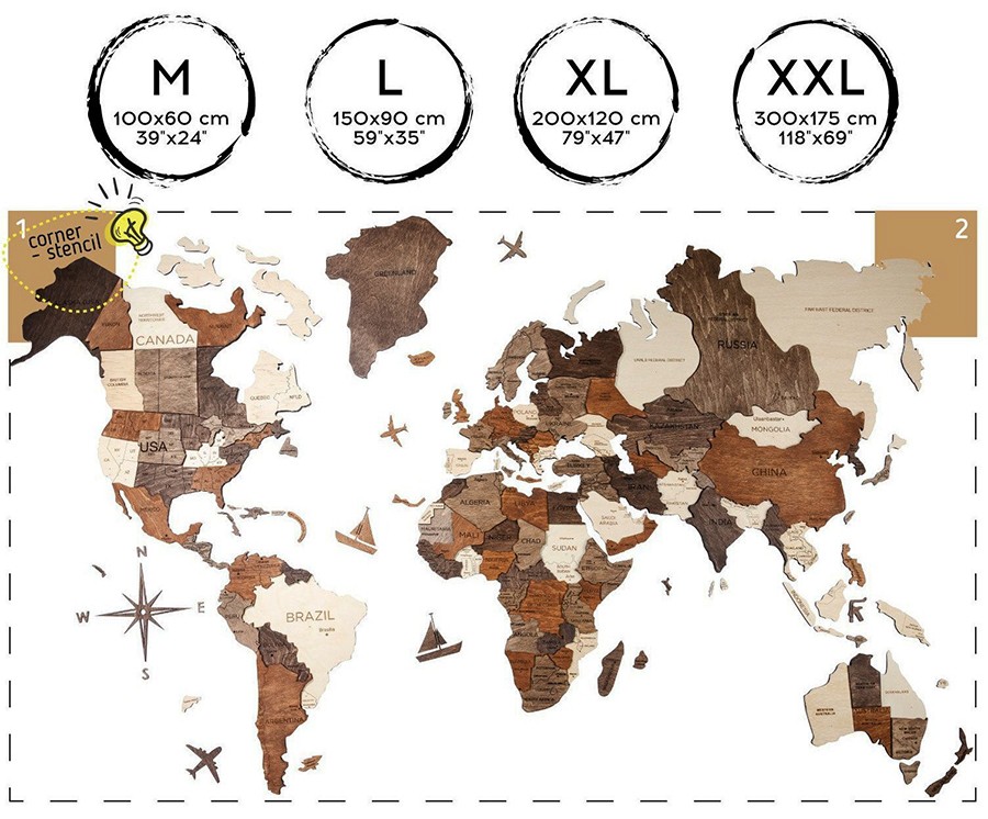 3d wall world map size XL