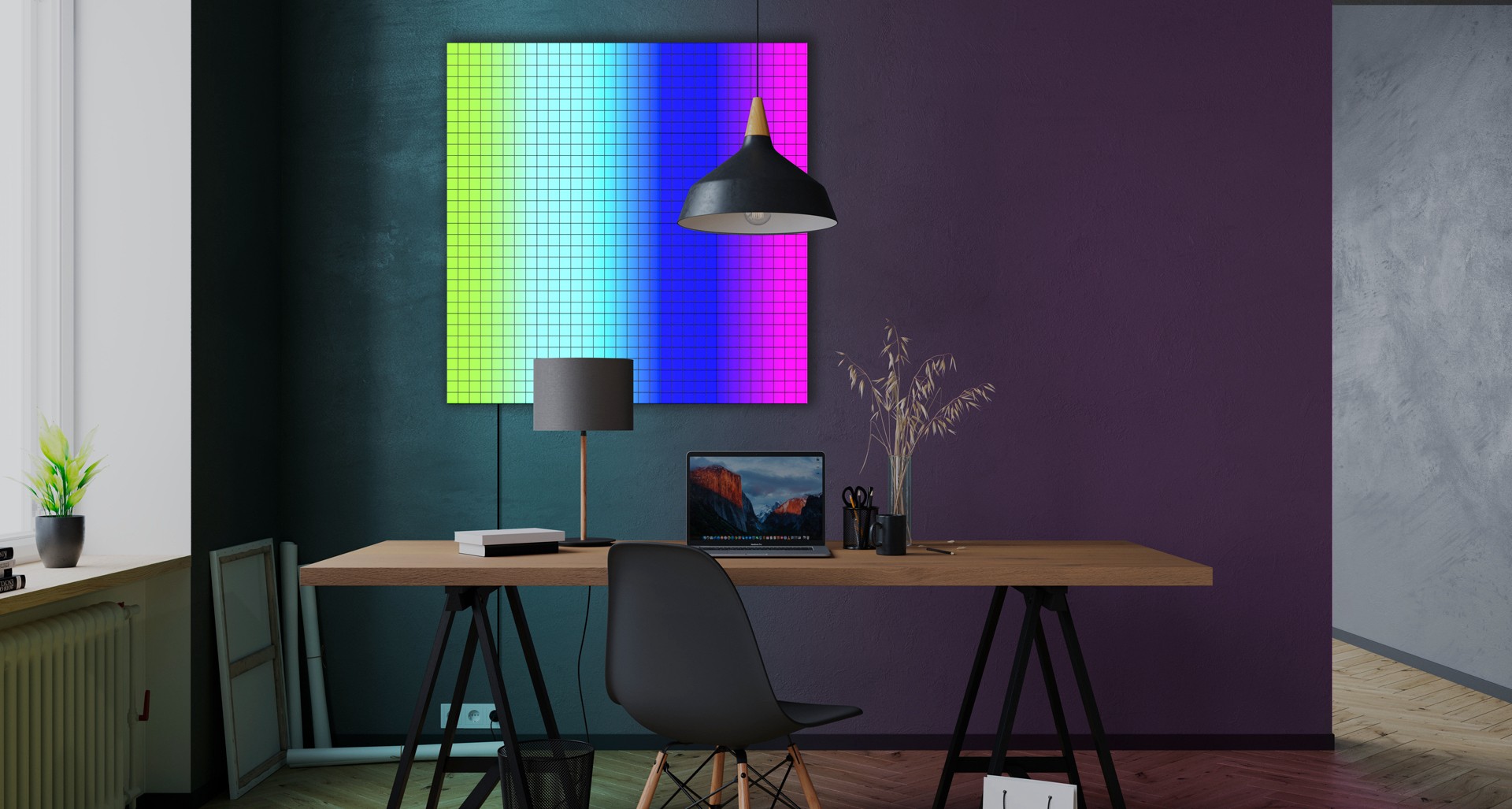 led smart square on the wall shining