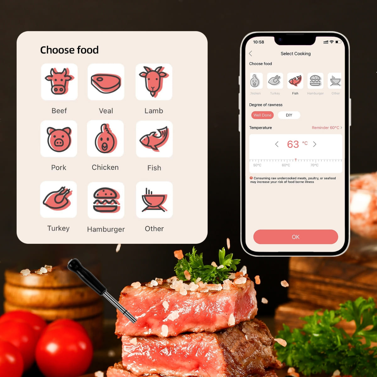Wireless meat thermometer - mobile phone application