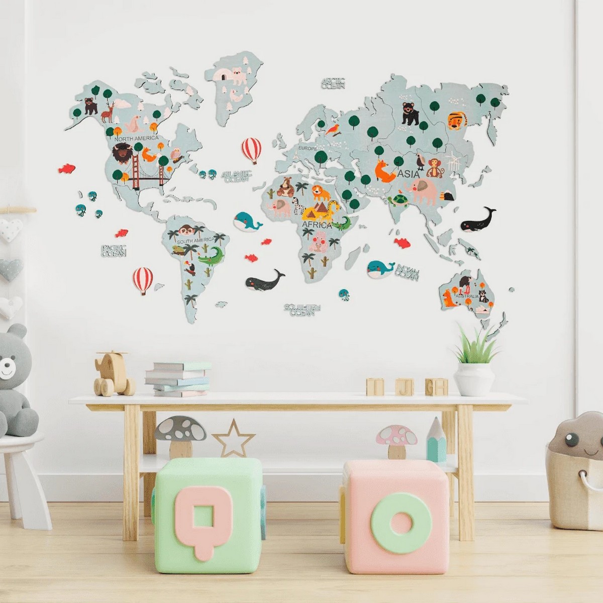 children's wooden world map on wall
