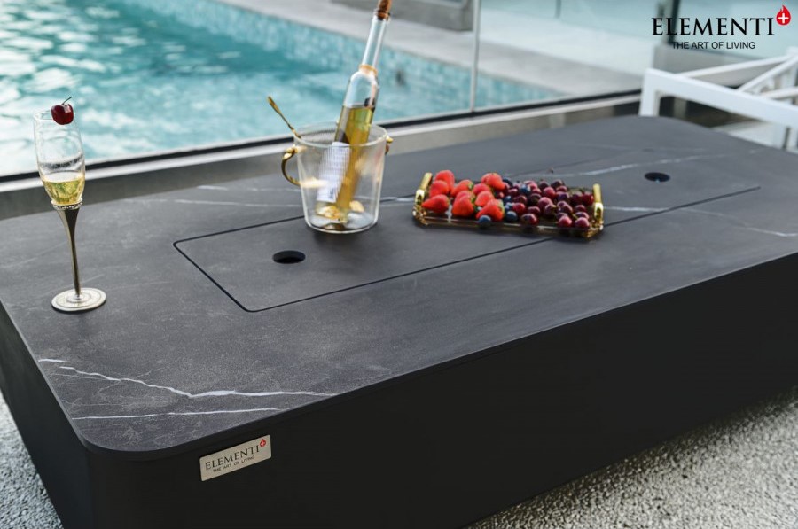 garden table with gas fireplace black marble concrete