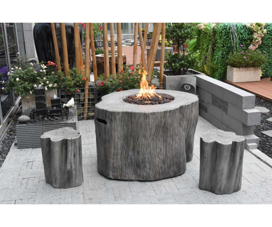 wooden stump gas fireplace for the terrace and garden in imitation wood