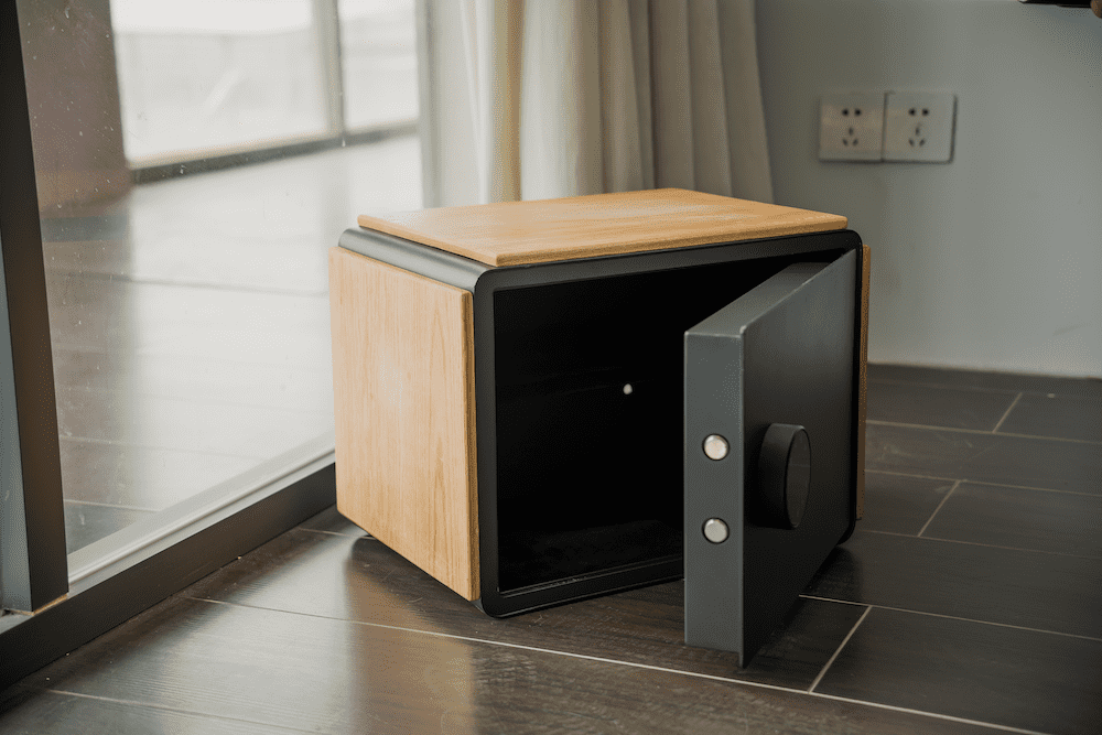 wooden mini safe box with pin or app smartphone