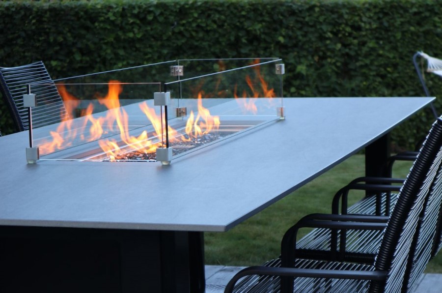 Exterior gas fireplace heater and dining table